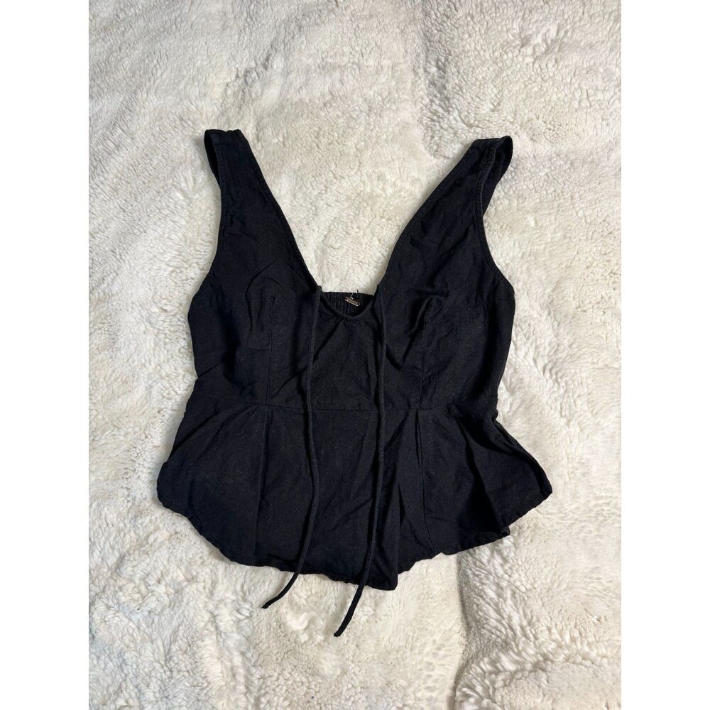 Free People Black Sleeveless Tie Front Peplum Top Boho Corset Style